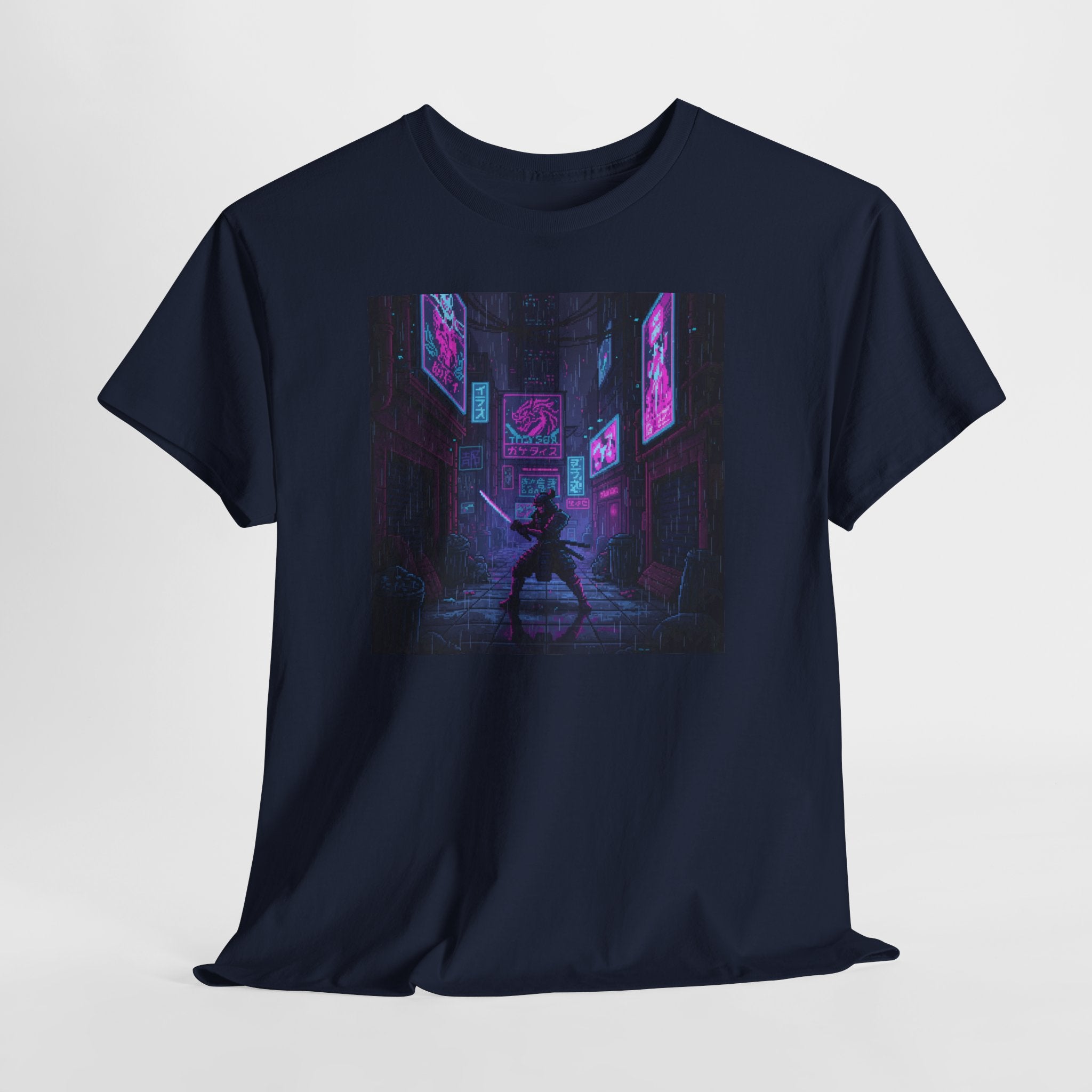 Cyberpunk Samurai T-Shirt | Pixel Art Neon Katana Tee | Retro Futuristic Graphic Shirt | Synthwave Gaming Gift | Gildan 5000