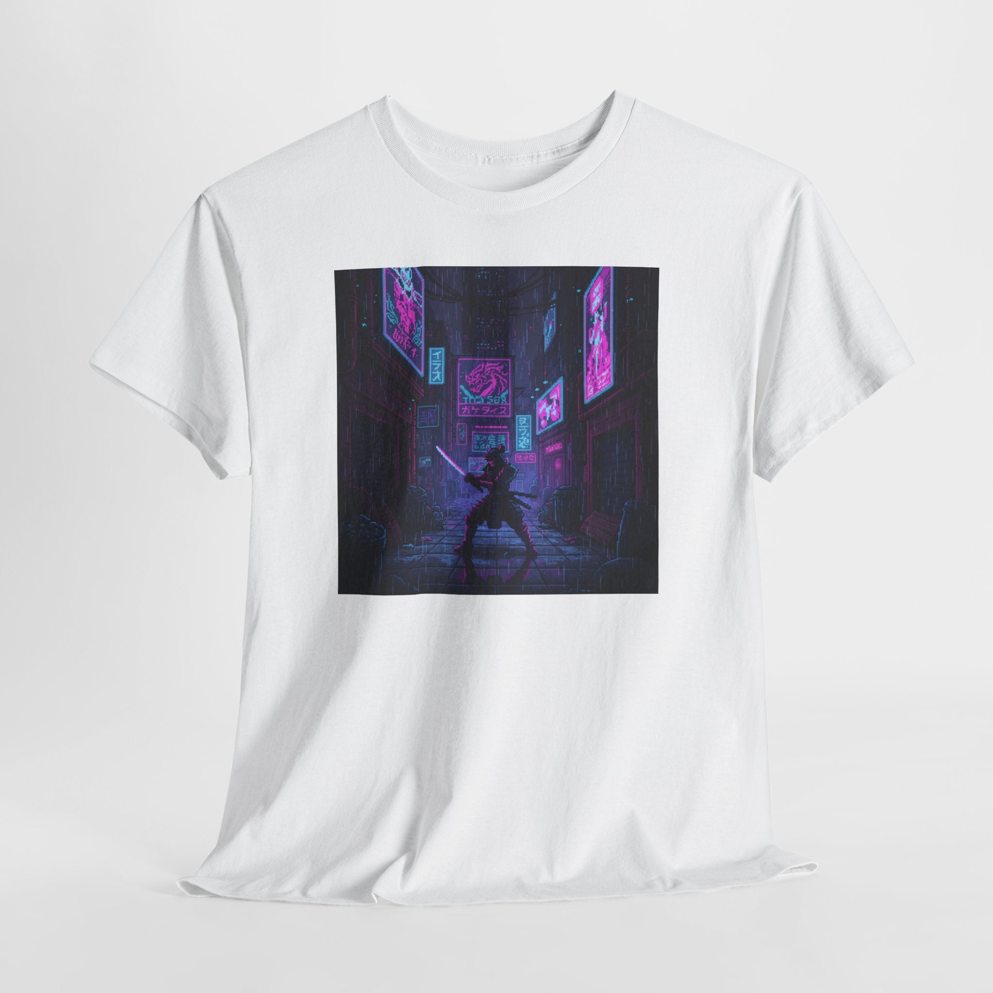 Cyberpunk Samurai T-Shirt | Pixel Art Neon Katana Tee | Retro Futuristic Graphic Shirt | Synthwave Gaming Gift | Gildan 5000
