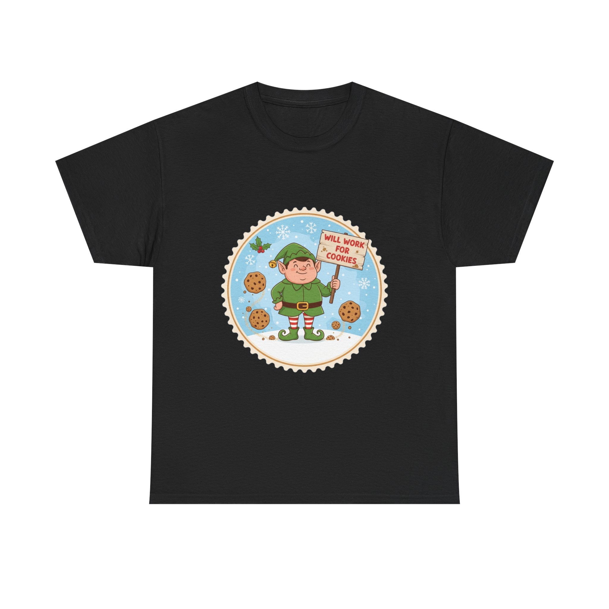 Funny Christmas T-Shirt: "Will Work for Cookies" Elf Graphic Tee
