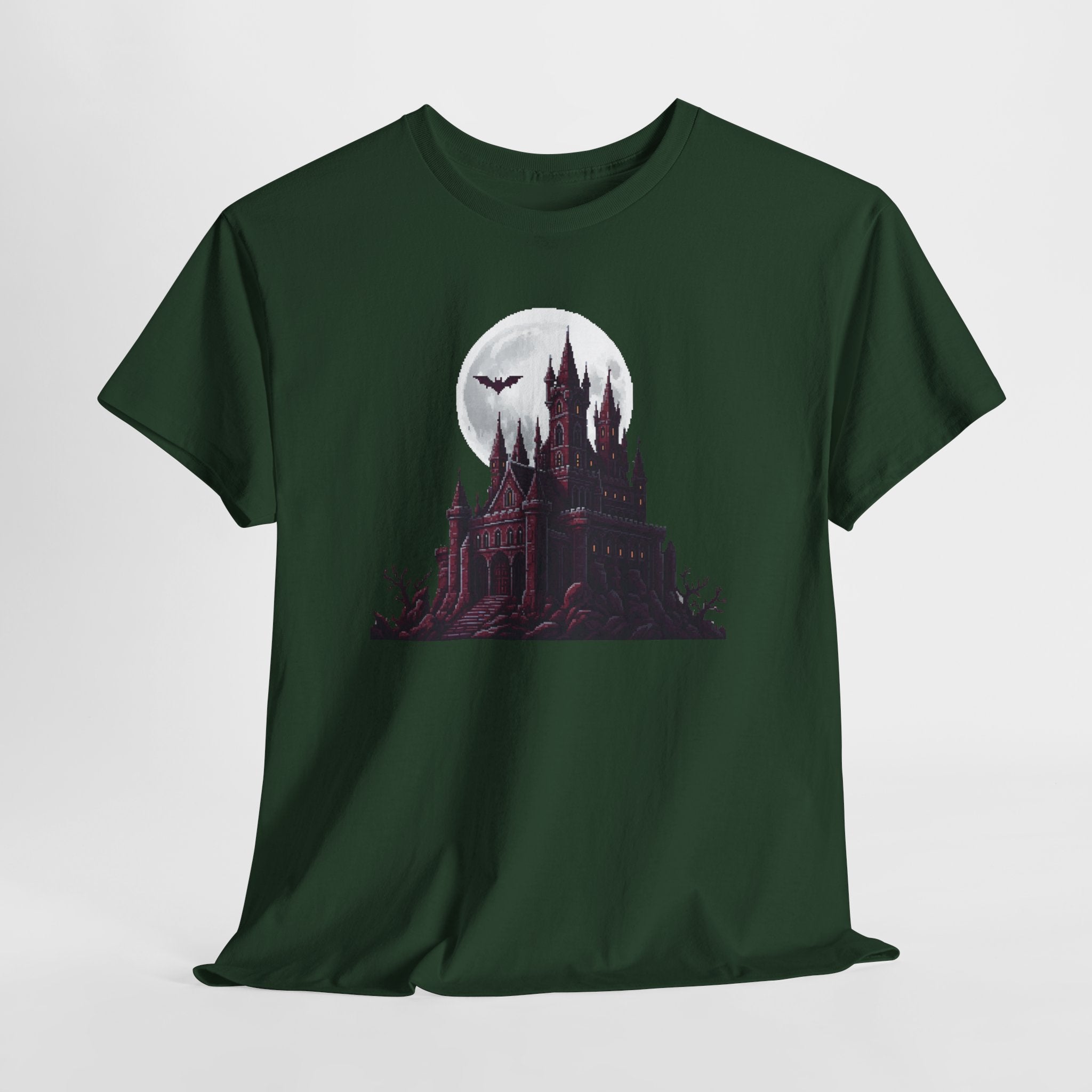 Pixel Art Vampire Castle T-Shirt | Gothic Horror Graphic Tee | Retro Castlevania Style Shirt | Full Moon Bat Gift | Gildan 5000