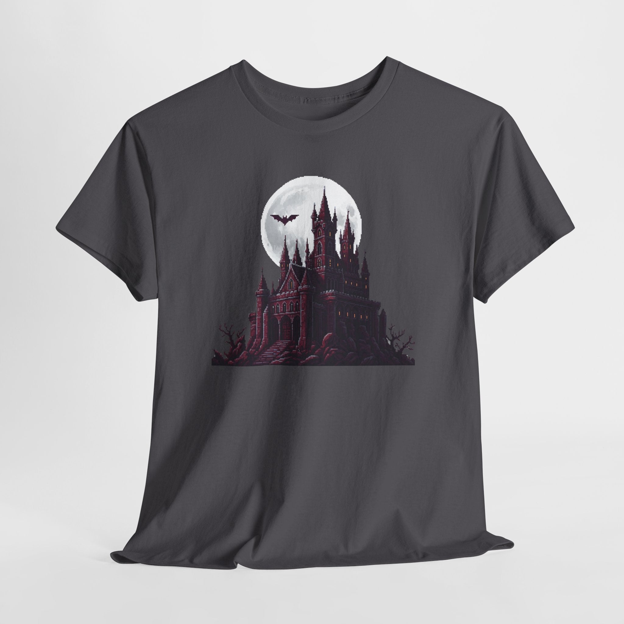Pixel Art Vampire Castle T-Shirt | Gothic Horror Graphic Tee | Retro Castlevania Style Shirt | Full Moon Bat Gift | Gildan 5000