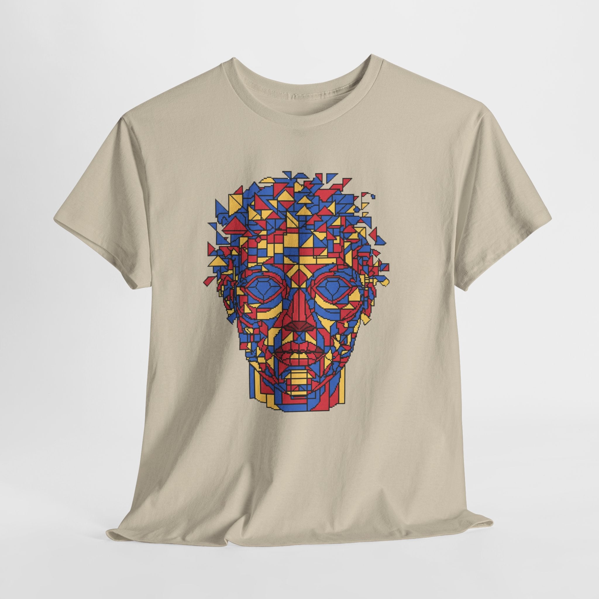 Geometric Face T-Shirt | Pixel Art Abstract Portrait Tee | Cubism Style Graphic Shirt | Primary Colors Art Gift | Gildan 5000