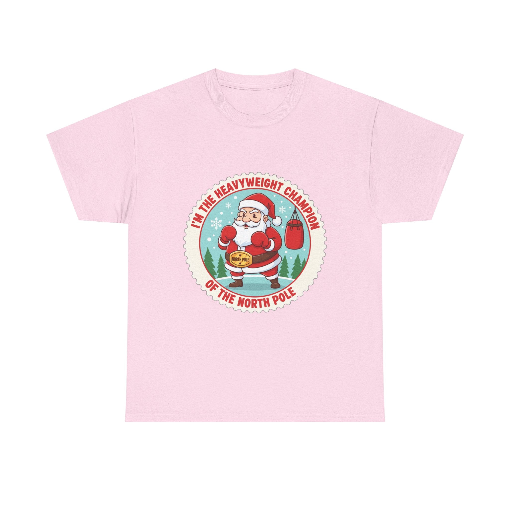 Funny Christmas T-Shirt: "Heavyweight Champion of the North Pole" Boxing Santa Graphic Tee