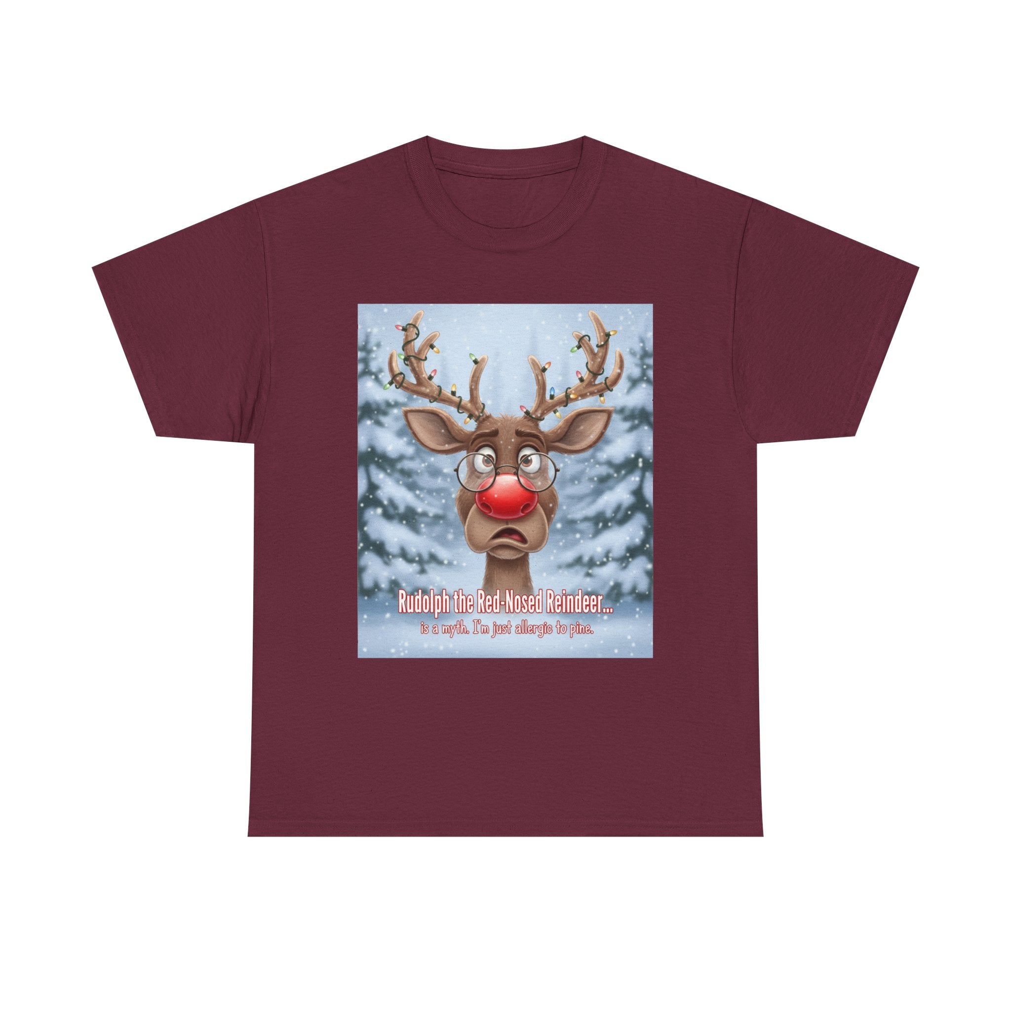 Funny Christmas T-Shirt: "Allergic to Pine" Rudolph Humor Graphic Tee