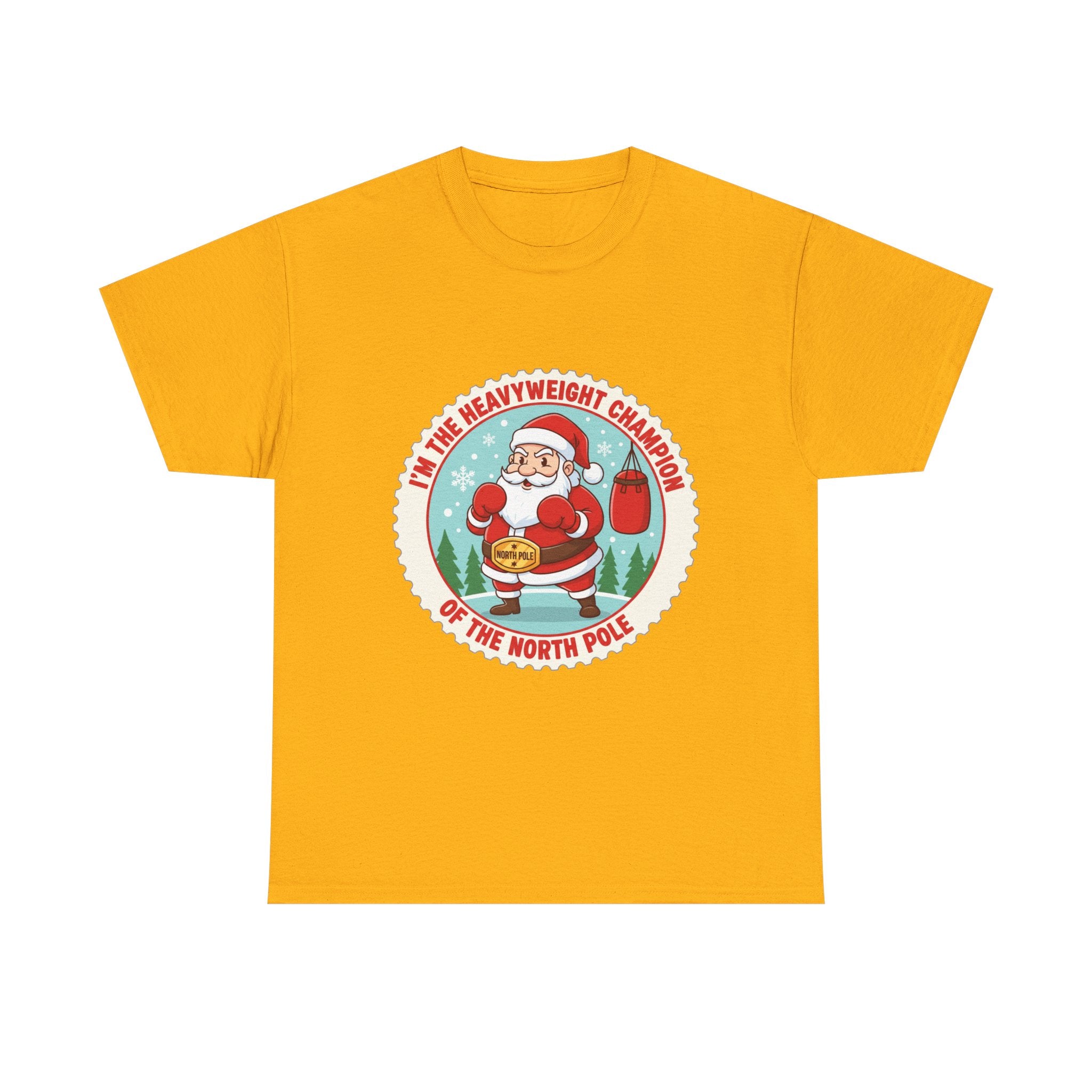 Funny Christmas T-Shirt: "Heavyweight Champion of the North Pole" Boxing Santa Graphic Tee