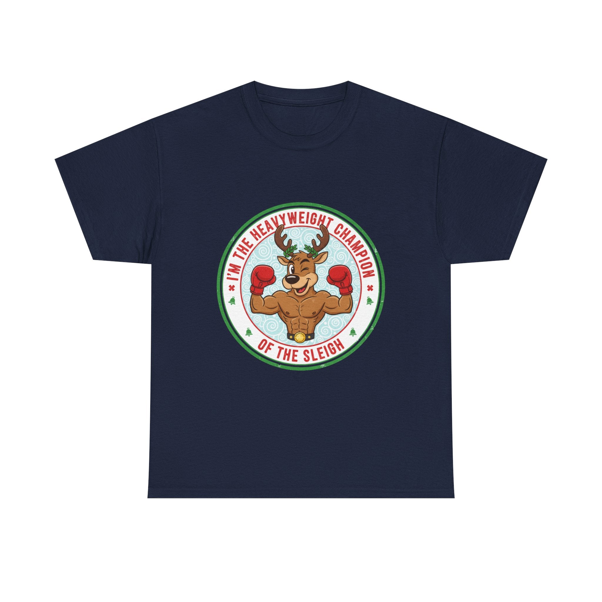 Funny Christmas T-Shirt: "Heavyweight Champion of the Sleigh" Reindeer Graphic Tee