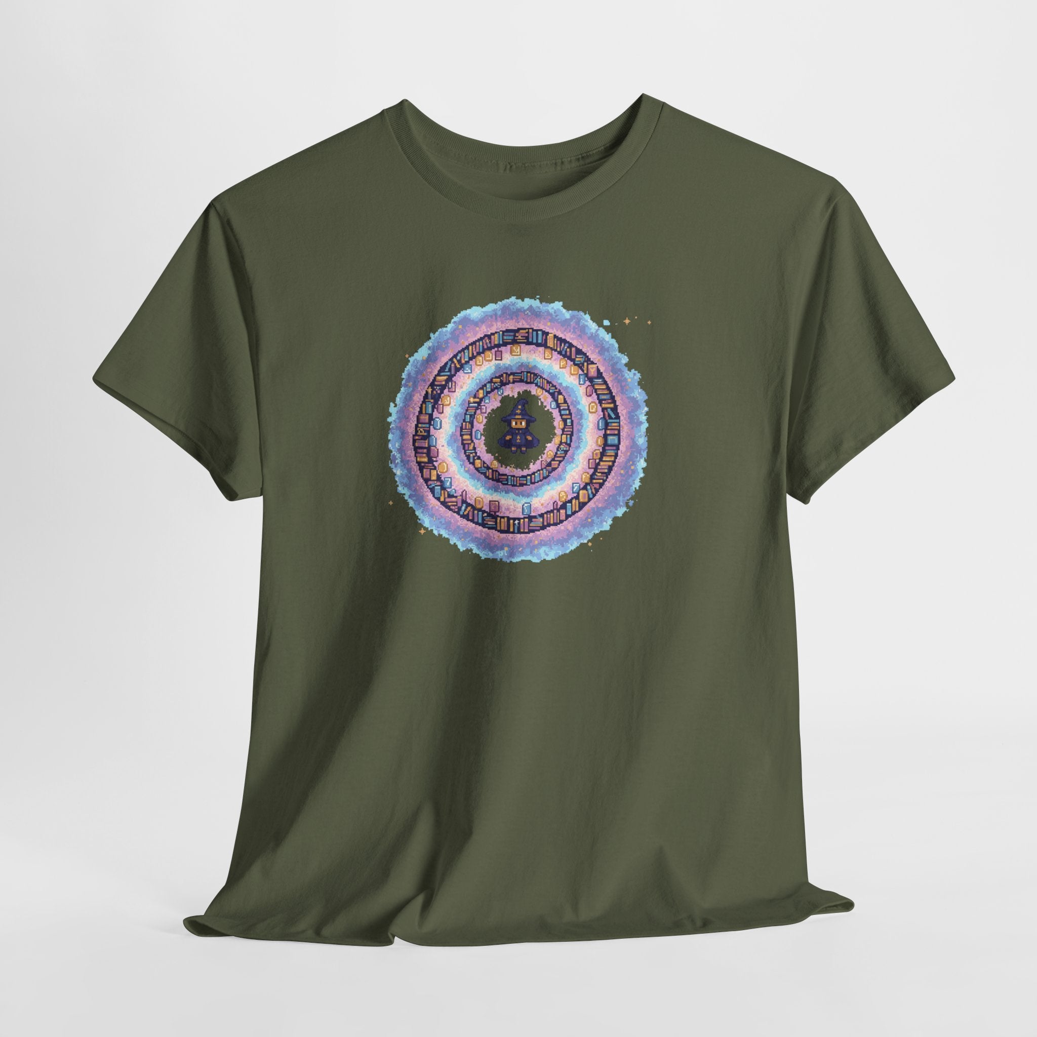 Pixel Wizard Book Vortex T-Shirt | Cute Magic Graphic Tee | Pastel Fantasy Reader Shirt | Retro Gaming Gift | Gildan 5000