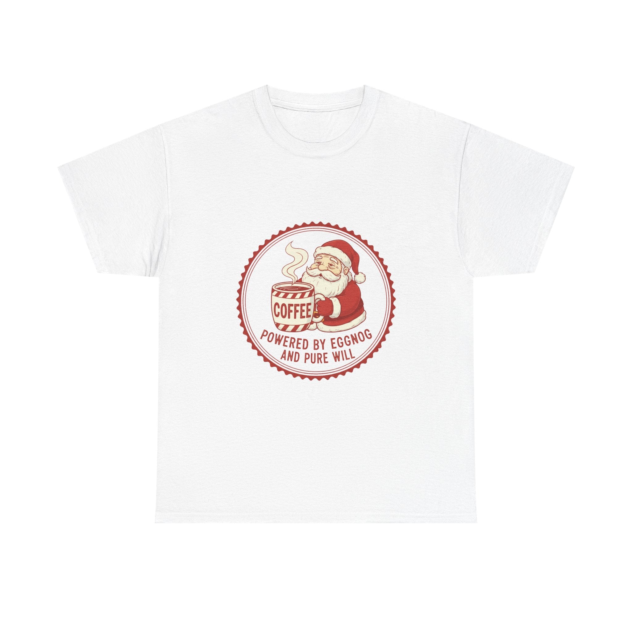 Funny Christmas T-Shirt: "Powered by Eggnog and Pure Will" Santa Coffee Graphic Tee