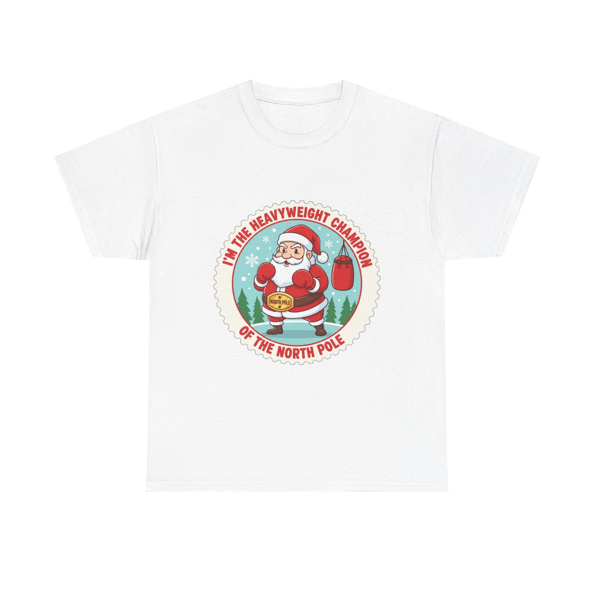 Funny Christmas T-Shirt: "Heavyweight Champion of the North Pole" Boxing Santa Graphic Tee