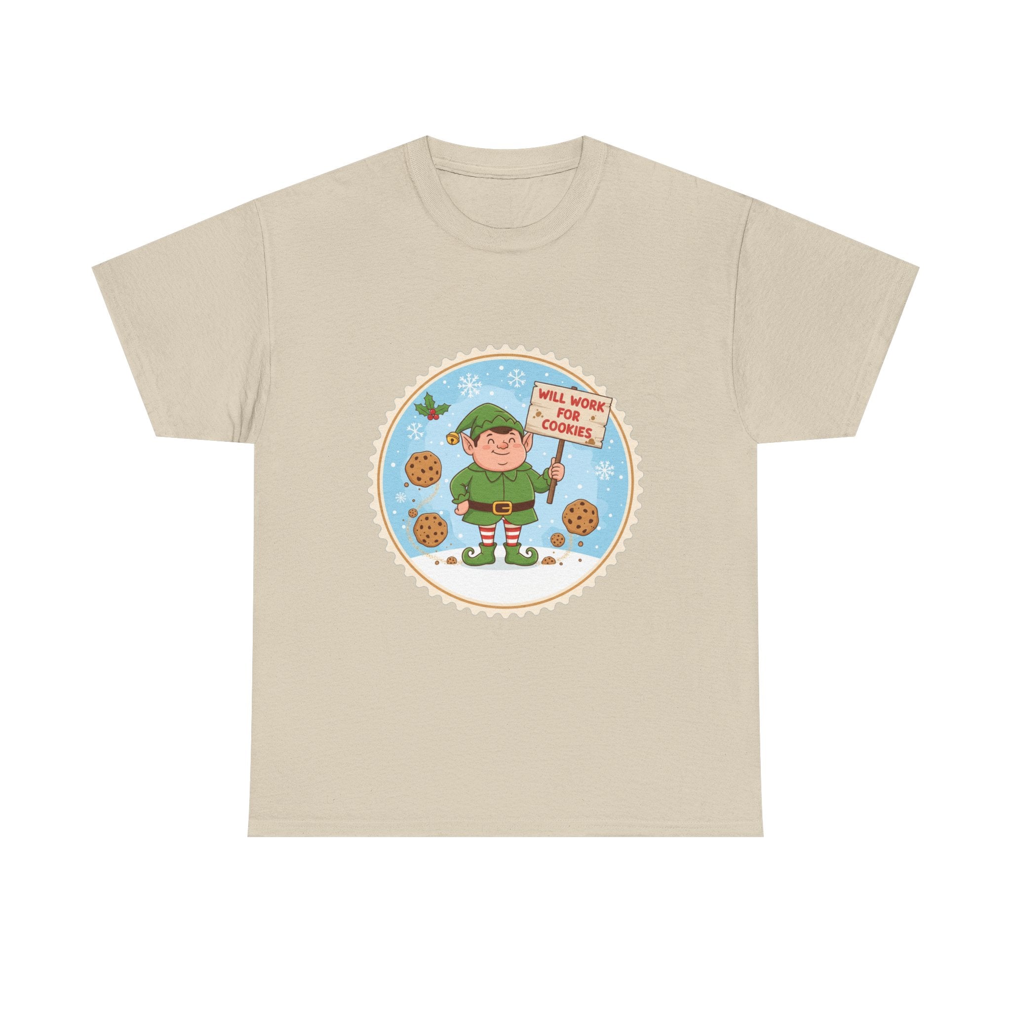 Funny Christmas T-Shirt: "Will Work for Cookies" Elf Graphic Tee