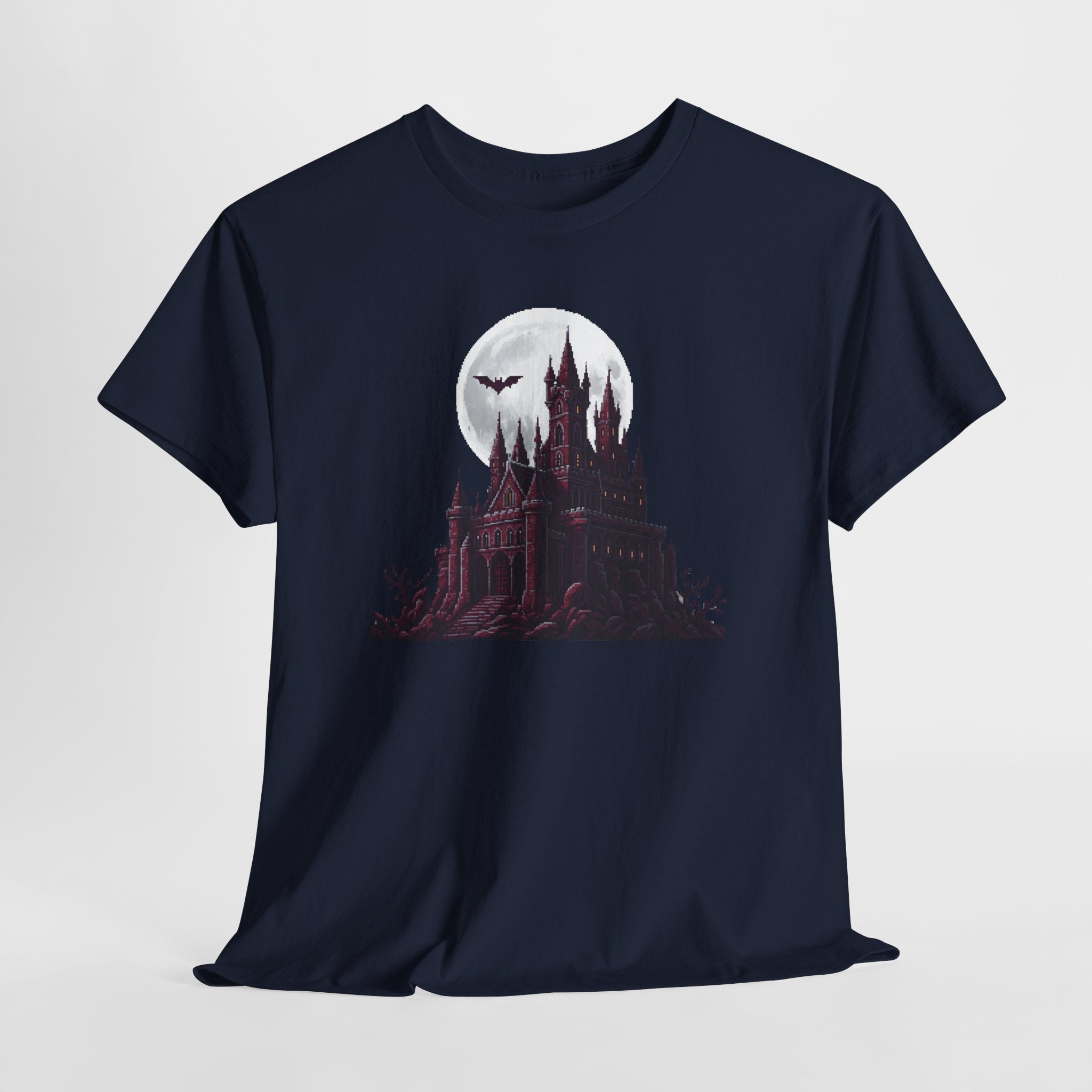 Pixel Art Vampire Castle T-Shirt | Gothic Horror Graphic Tee | Retro Castlevania Style Shirt | Full Moon Bat Gift | Gildan 5000