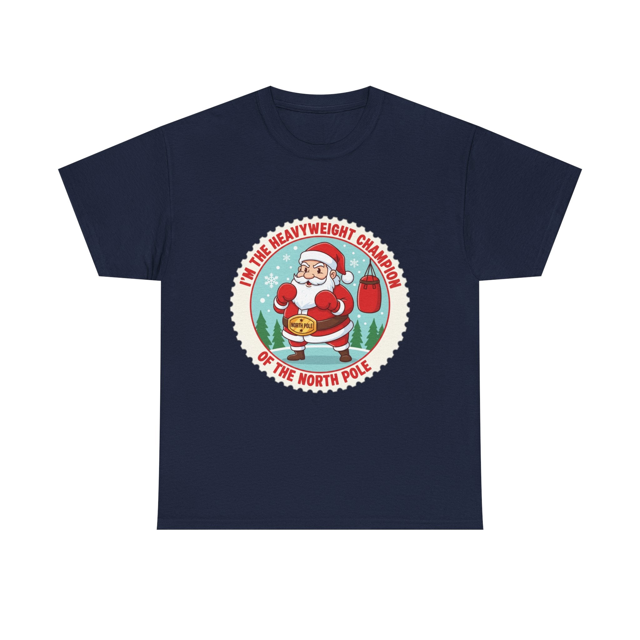 Funny Christmas T-Shirt: "Heavyweight Champion of the North Pole" Boxing Santa Graphic Tee