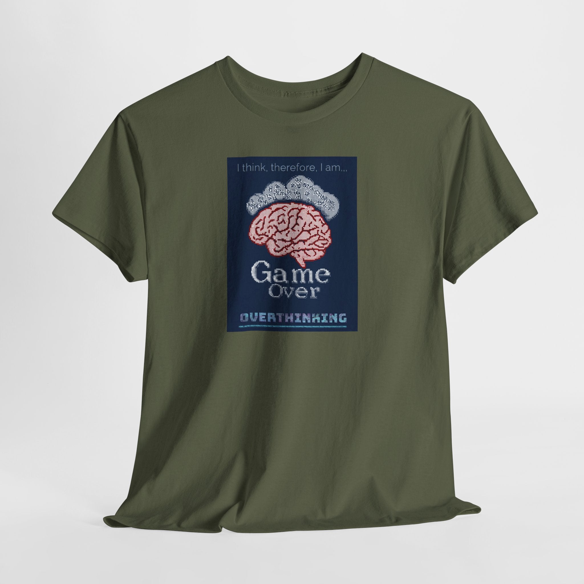 Overthinking Game Over T-Shirt | Funny Philosophy Brain Tee | Descartes Meme Shirt | Anxiety Humor Apparel | Gildan 5000
