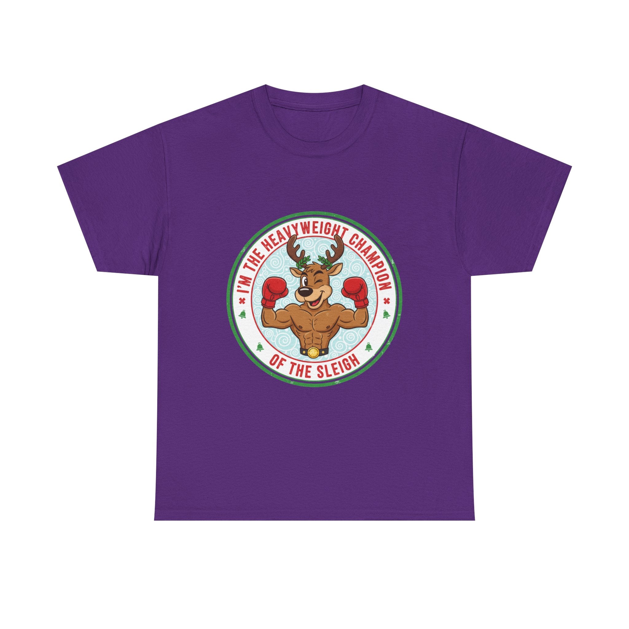 Funny Christmas T-Shirt: "Heavyweight Champion of the Sleigh" Reindeer Graphic Tee