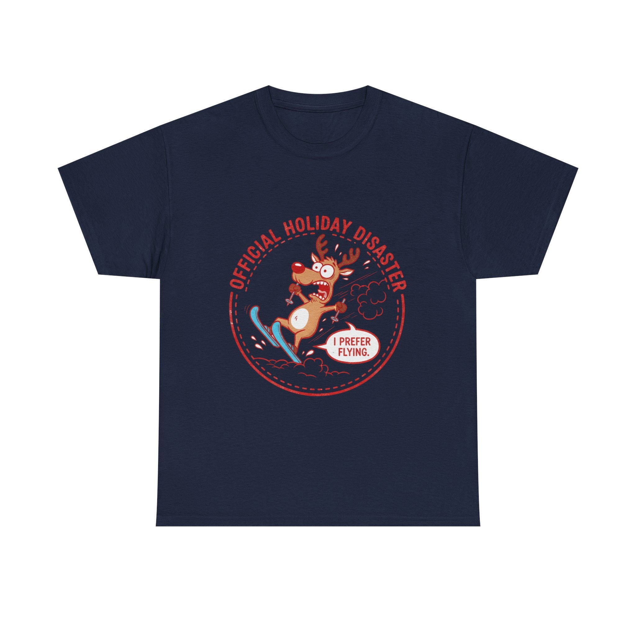 Funny Christmas T-Shirt: "Official Holiday Disaster" Skiing Reindeer Graphic Tee