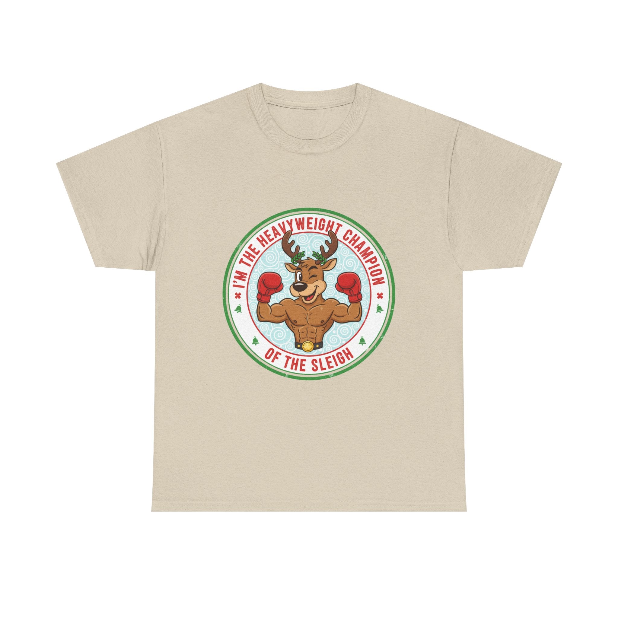 Funny Christmas T-Shirt: "Heavyweight Champion of the Sleigh" Reindeer Graphic Tee