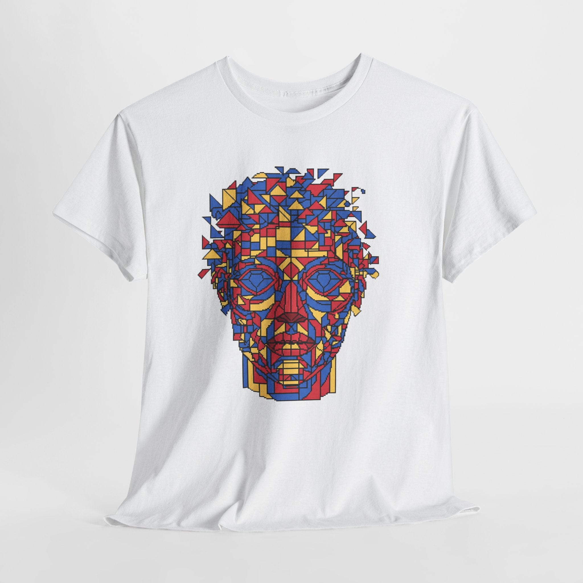 Geometric Face T-Shirt | Pixel Art Abstract Portrait Tee | Cubism Style Graphic Shirt | Primary Colors Art Gift | Gildan 5000