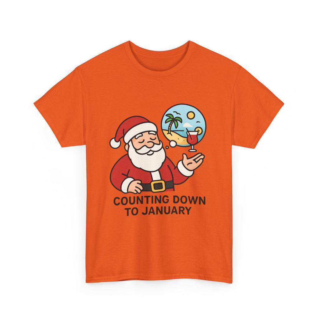 Counting Down to January T-Shirt | Funny Santa Vacation Graphic Tee | Post-Holiday Humor Gift | Gildan 5000