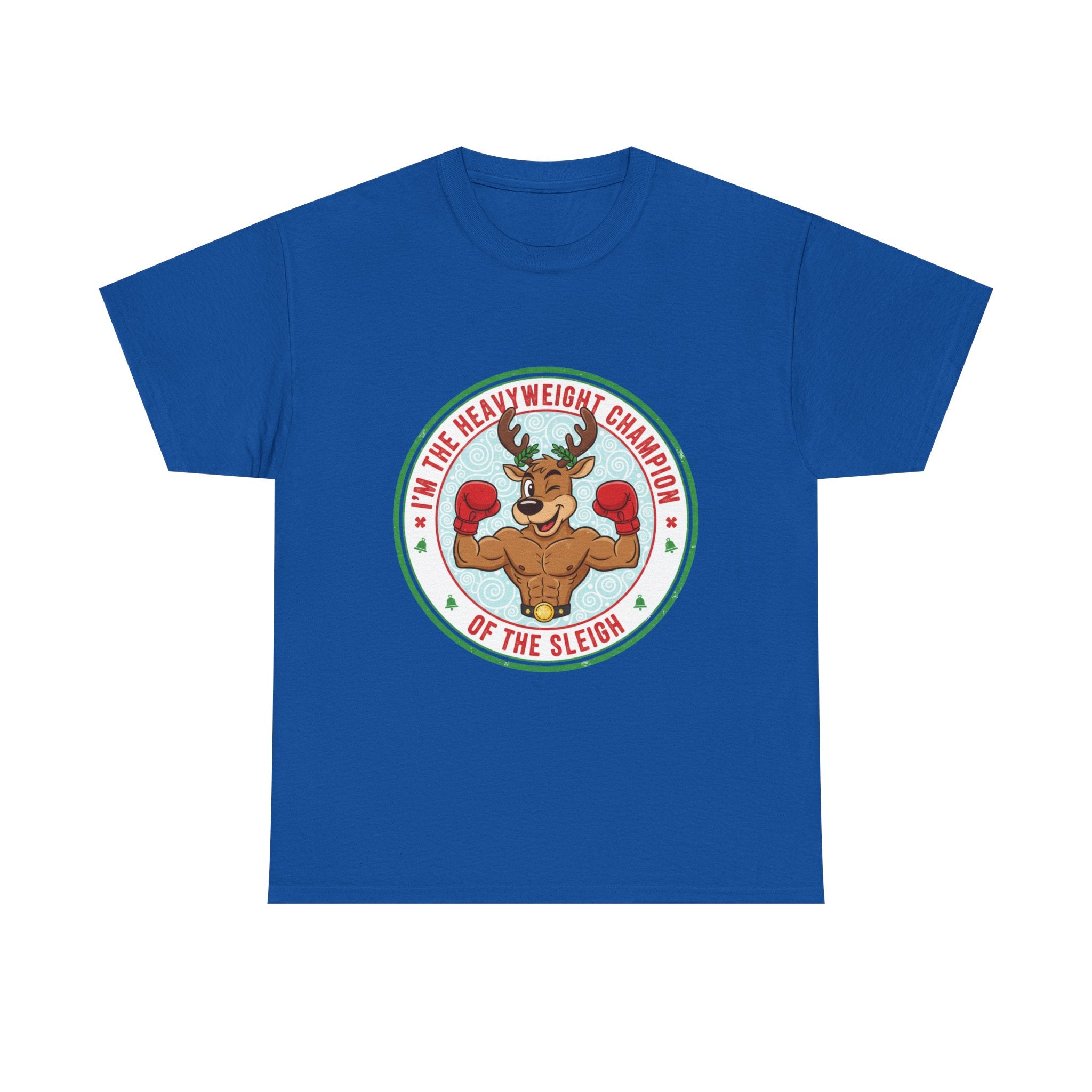 Funny Christmas T-Shirt: "Heavyweight Champion of the Sleigh" Reindeer Graphic Tee