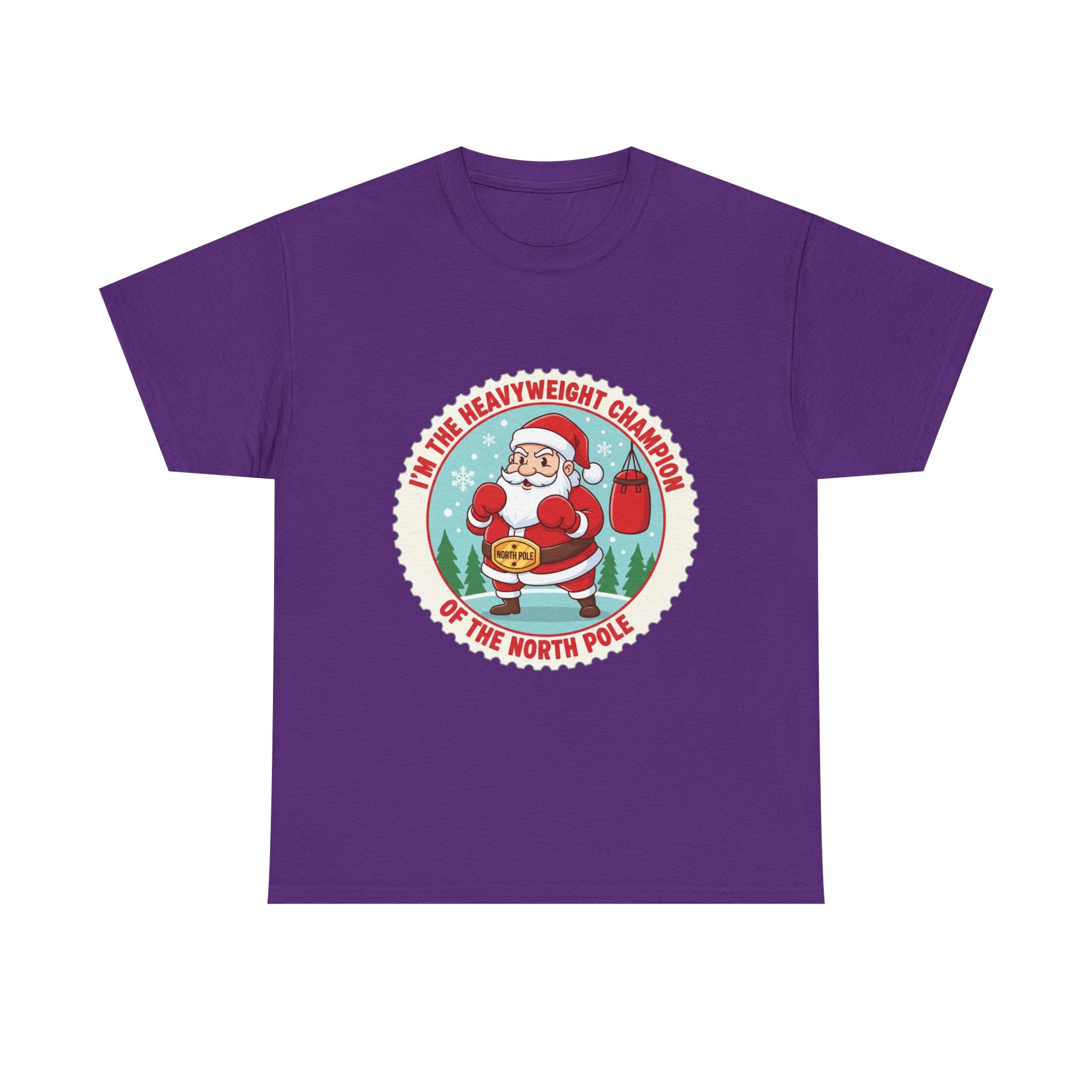 Funny Christmas T-Shirt: "Heavyweight Champion of the North Pole" Boxing Santa Graphic Tee