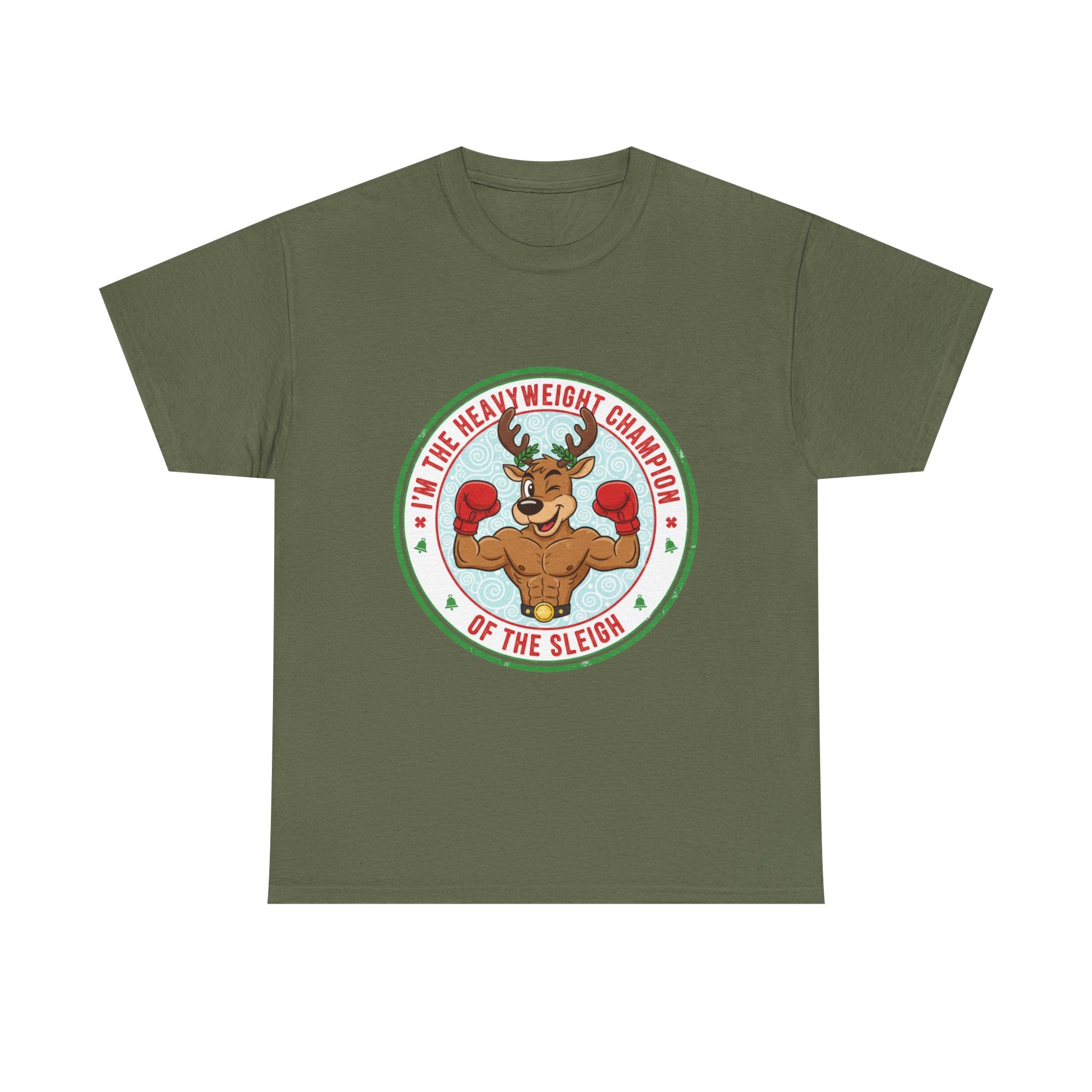 Funny Christmas T-Shirt: "Heavyweight Champion of the Sleigh" Reindeer Graphic Tee