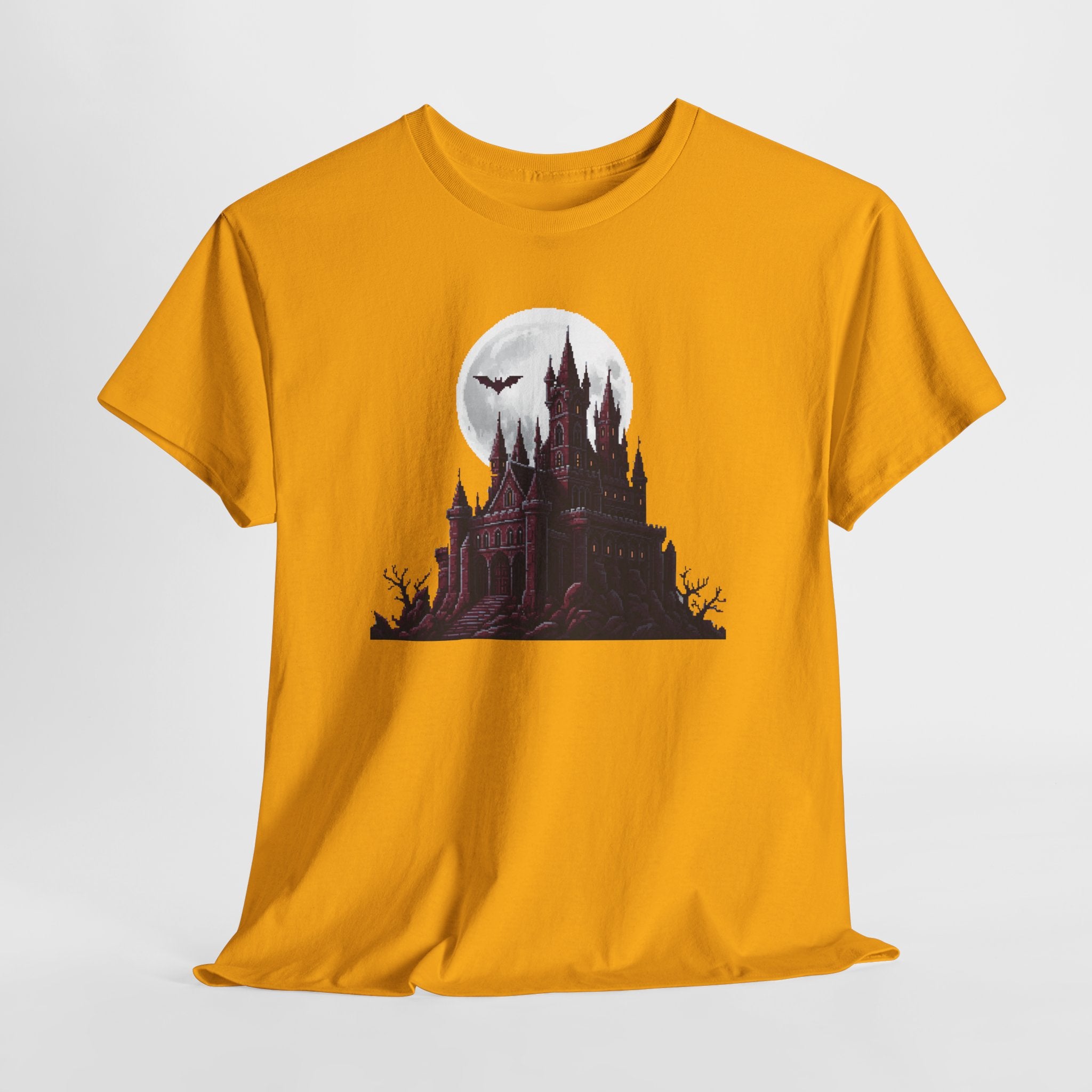 Pixel Art Vampire Castle T-Shirt | Gothic Horror Graphic Tee | Retro Castlevania Style Shirt | Full Moon Bat Gift | Gildan 5000