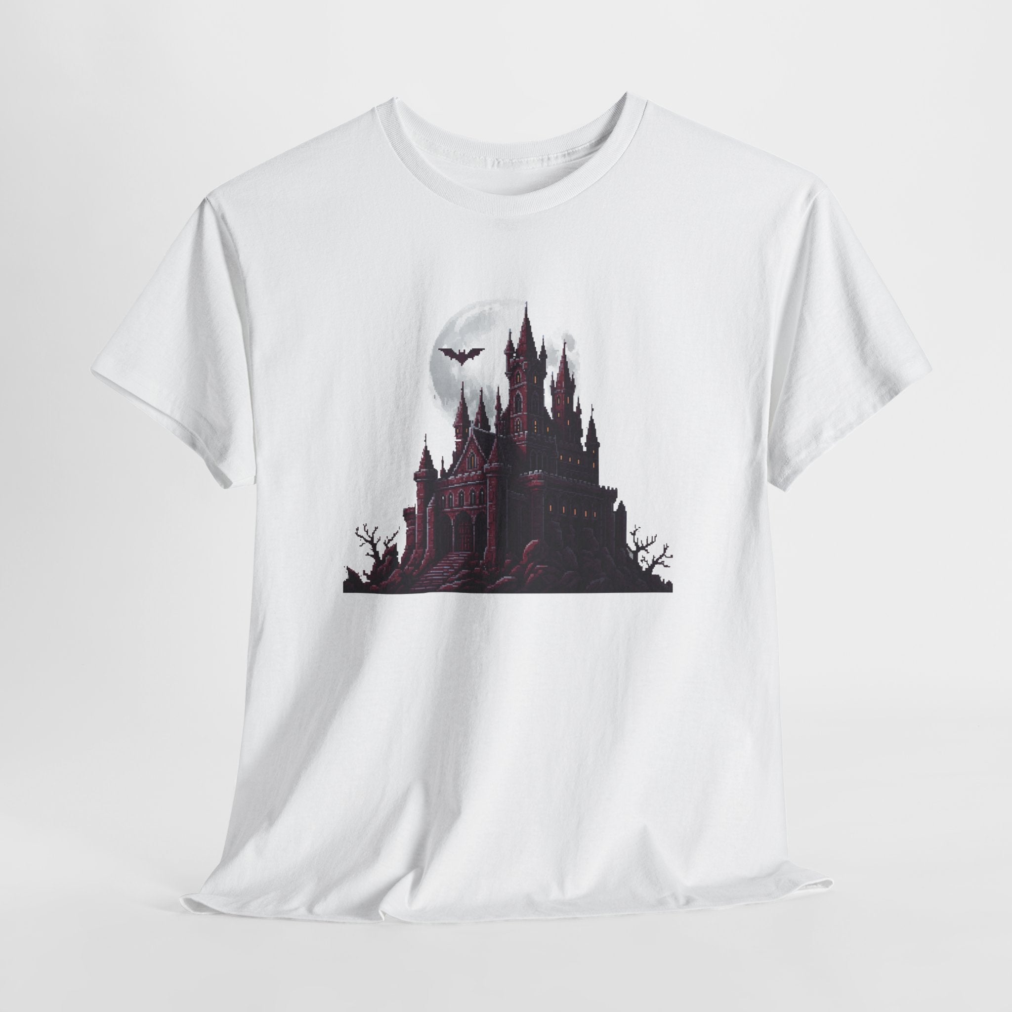 Pixel Art Vampire Castle T-Shirt | Gothic Horror Graphic Tee | Retro Castlevania Style Shirt | Full Moon Bat Gift | Gildan 5000
