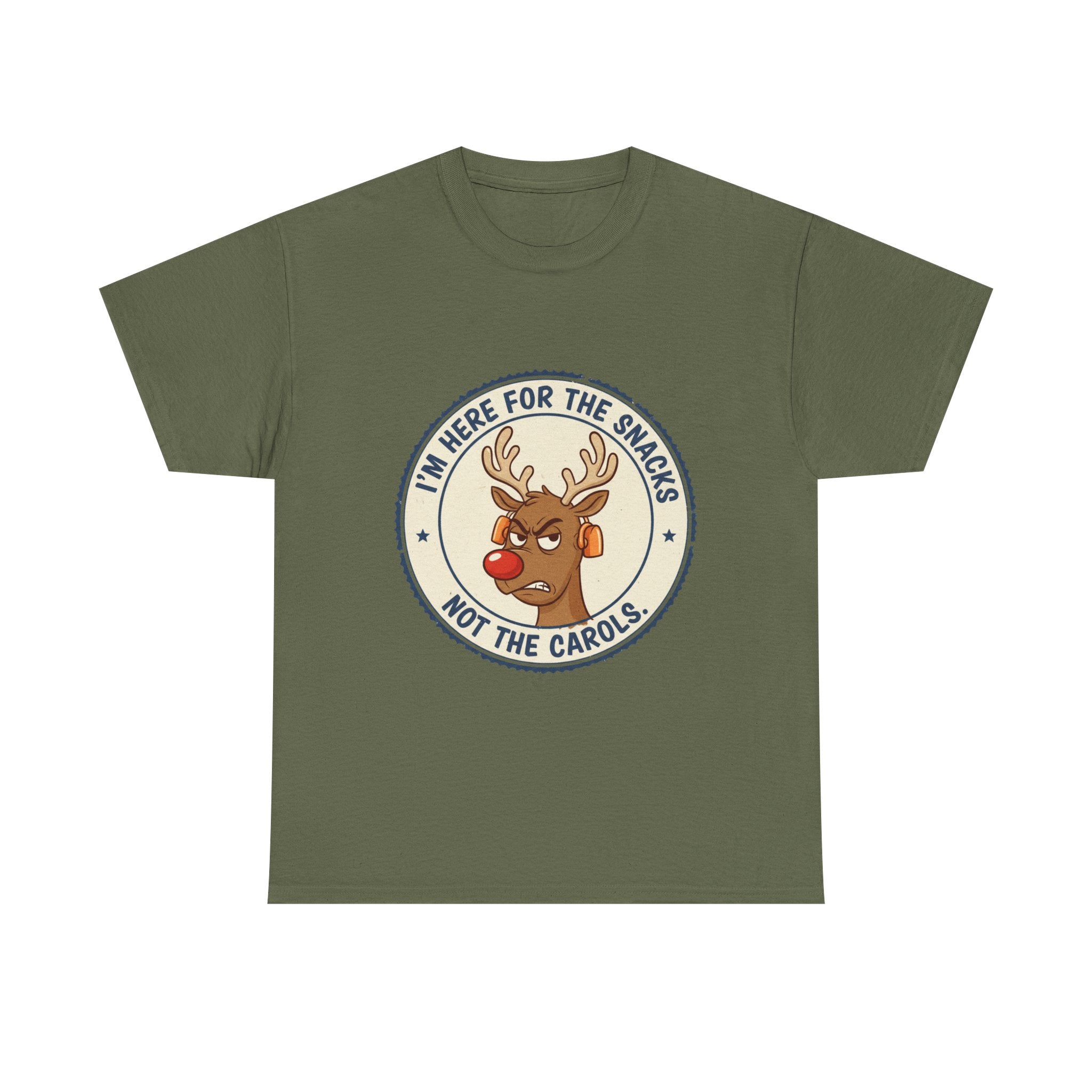 Funny Christmas Reindeer T-Shirt – “I’m Here for the Snacks, Not the Carols” Holiday Humor Tee