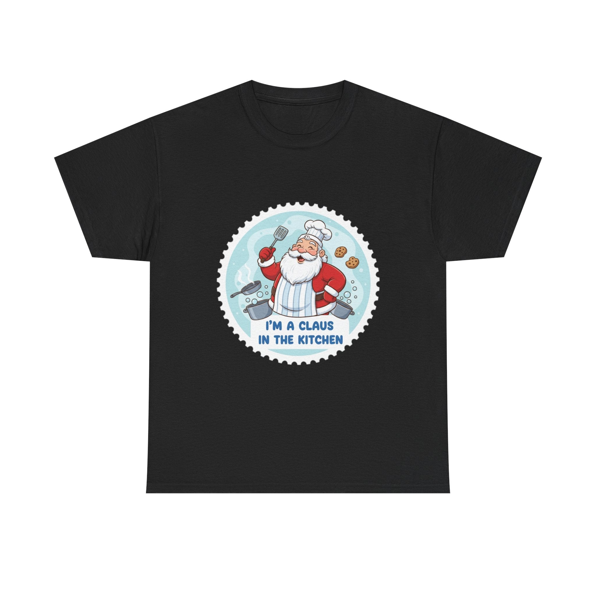 Funny Christmas T-Shirt: "Claus in the Kitchen" Chef Santa Graphic Tee
