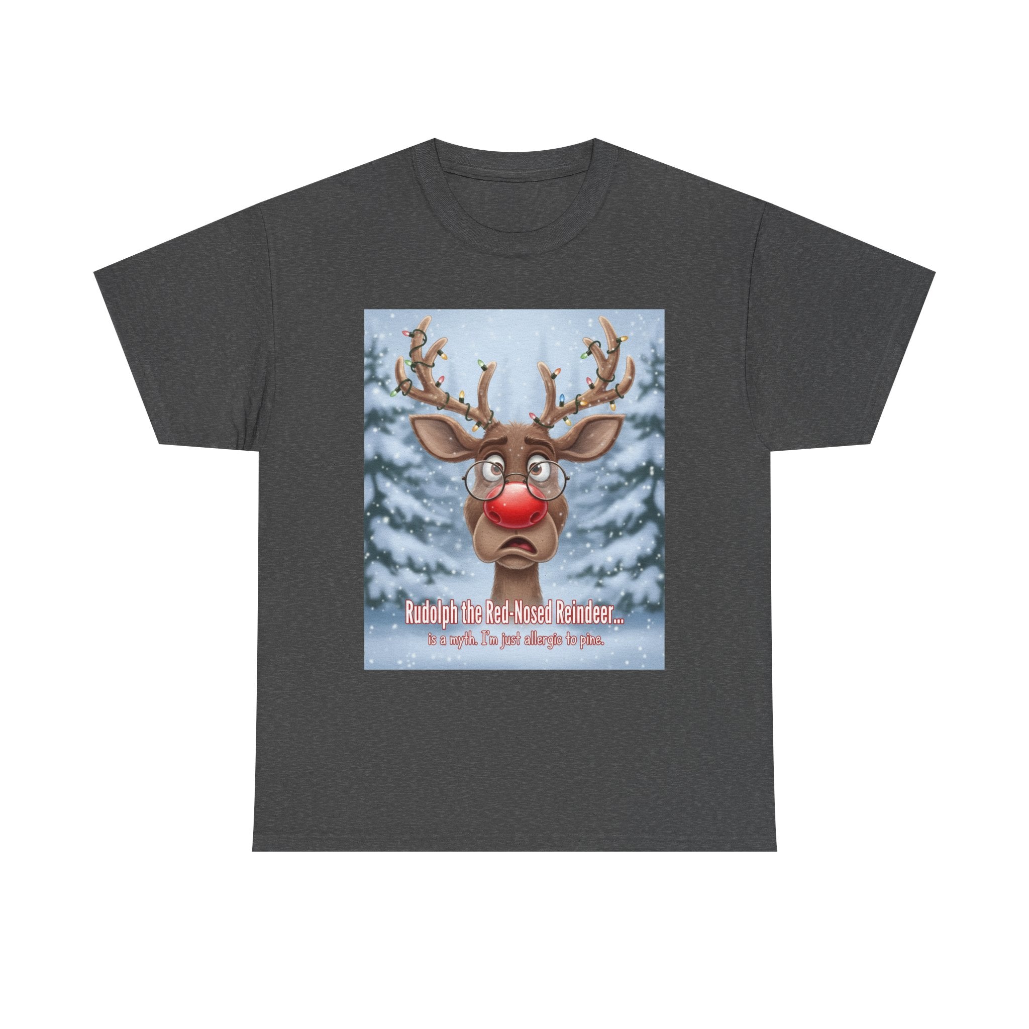 Funny Christmas T-Shirt: "Allergic to Pine" Rudolph Humor Graphic Tee