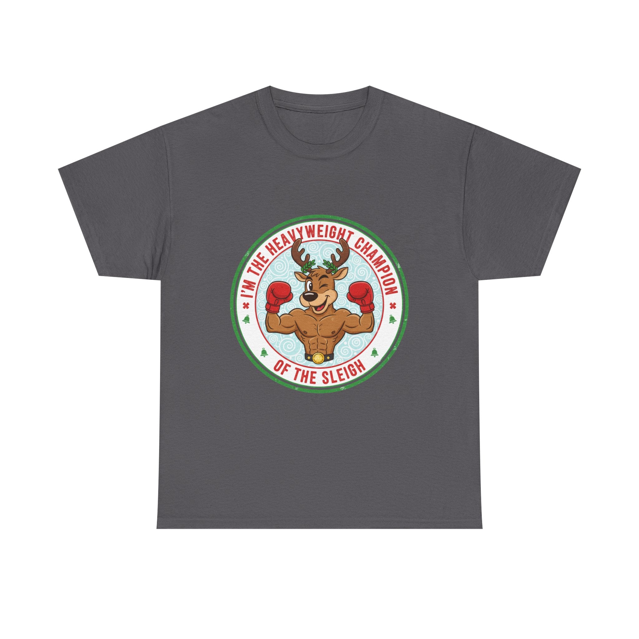 Funny Christmas T-Shirt: "Heavyweight Champion of the Sleigh" Reindeer Graphic Tee