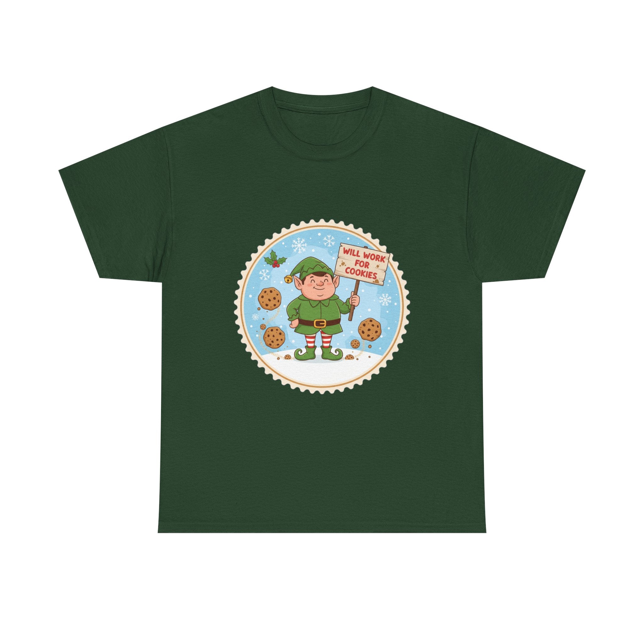 Funny Christmas T-Shirt: "Will Work for Cookies" Elf Graphic Tee