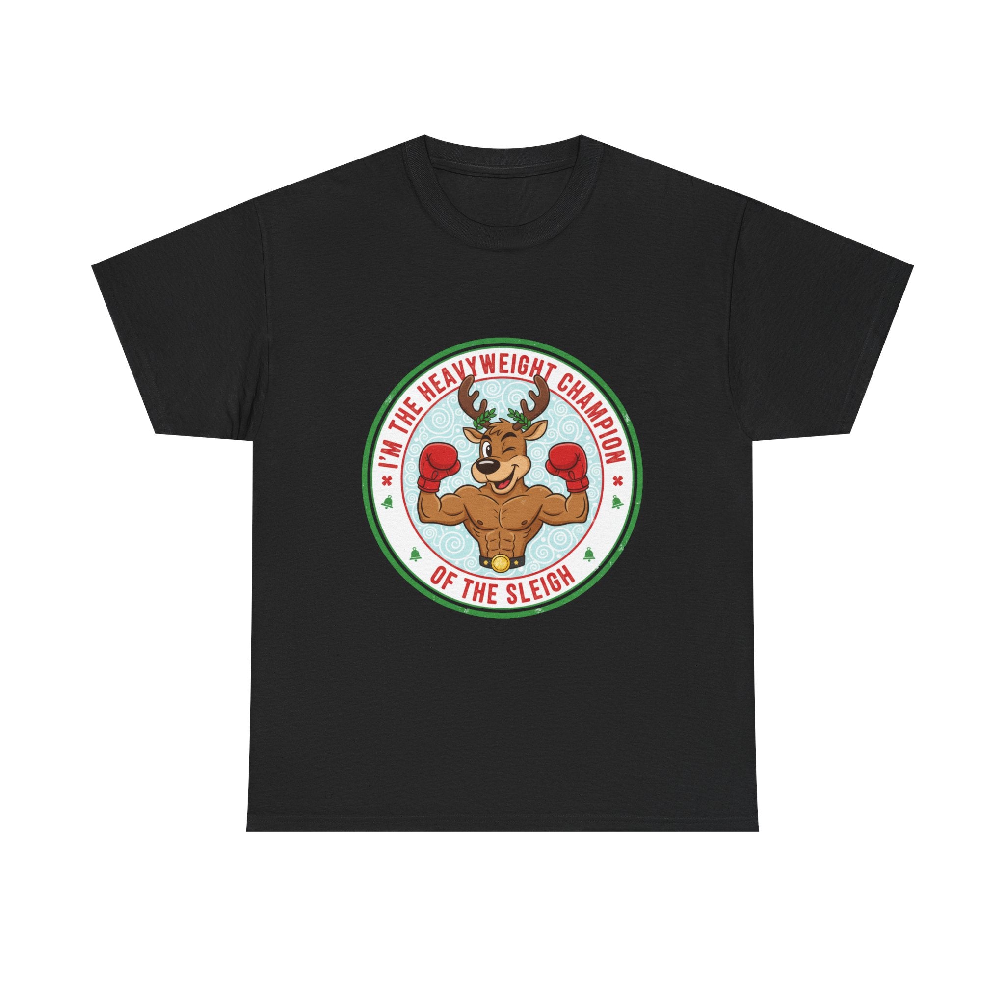 Funny Christmas T-Shirt: "Heavyweight Champion of the Sleigh" Reindeer Graphic Tee