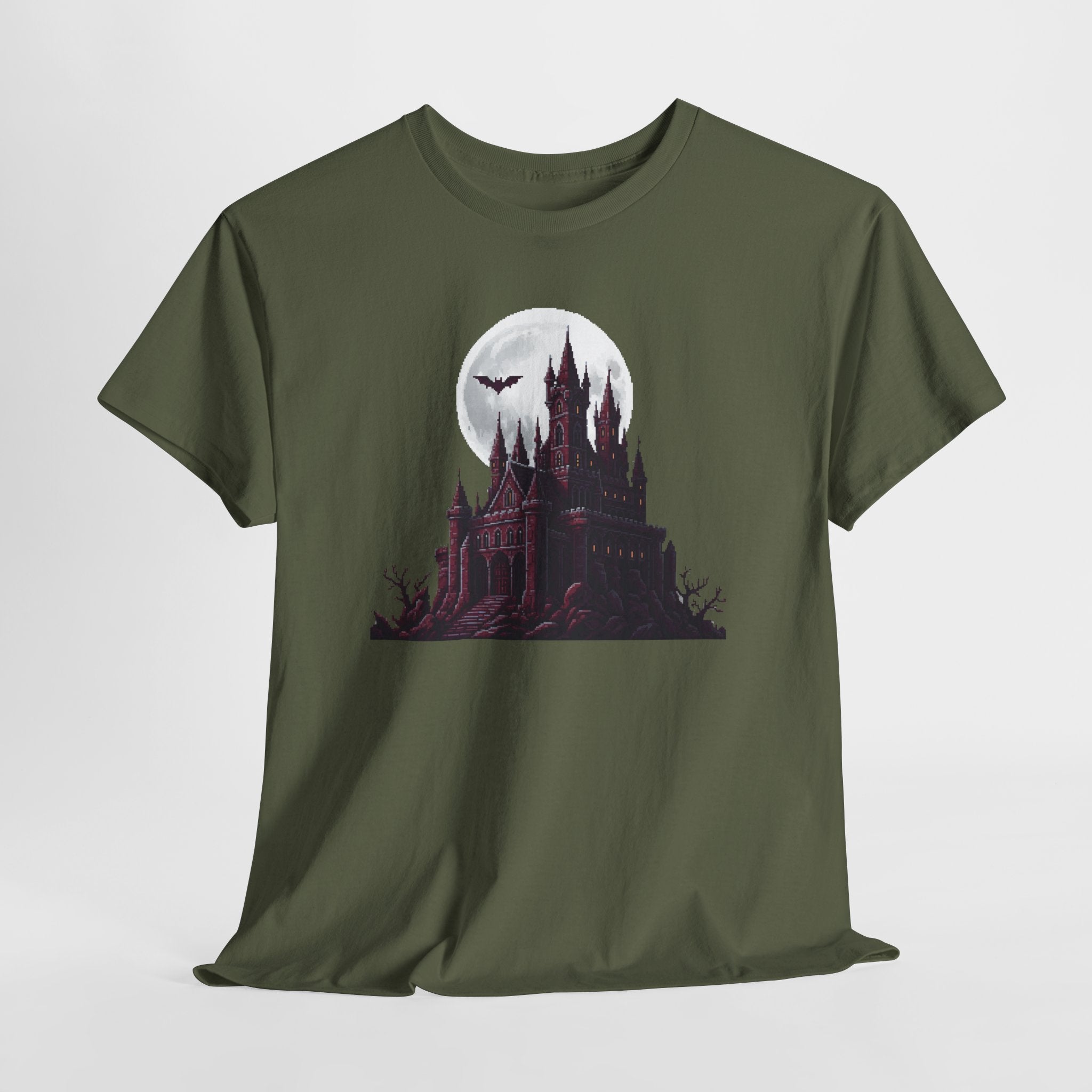 Pixel Art Vampire Castle T-Shirt | Gothic Horror Graphic Tee | Retro Castlevania Style Shirt | Full Moon Bat Gift | Gildan 5000
