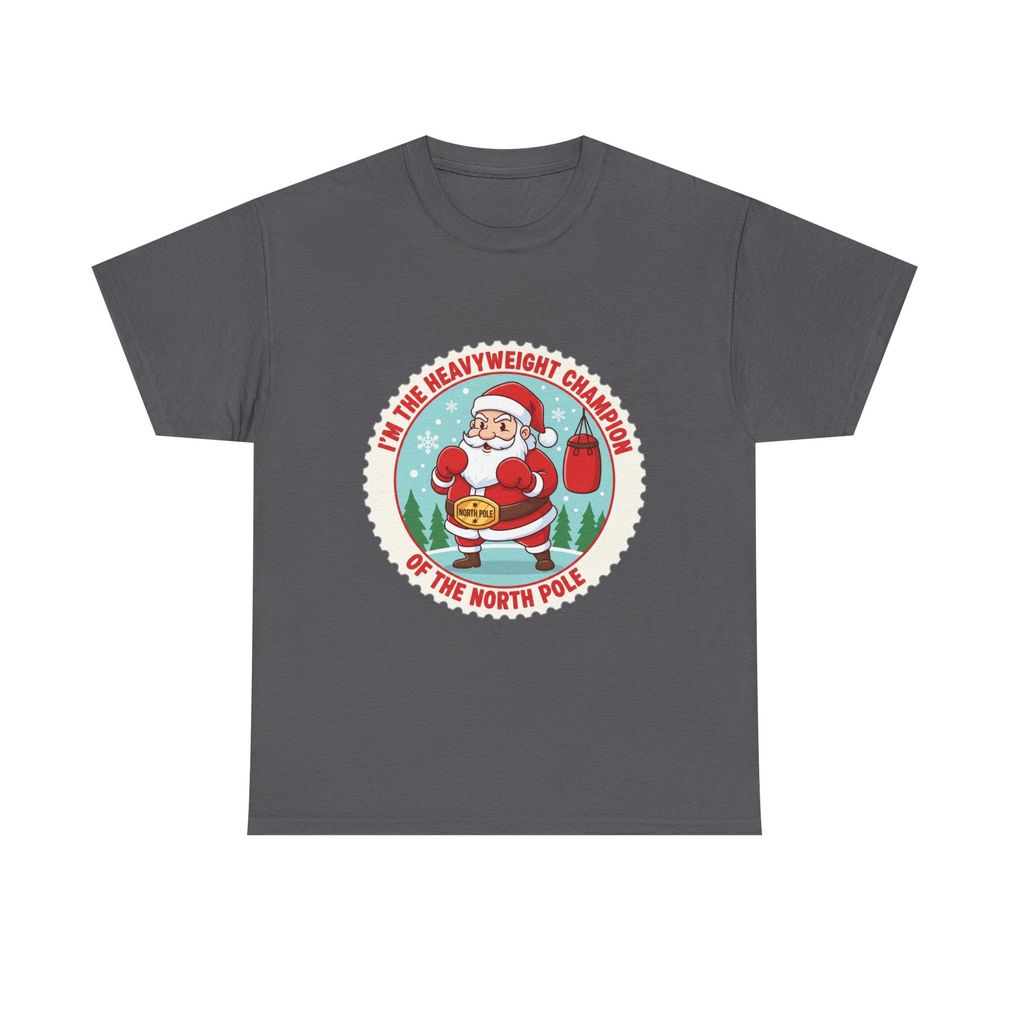 Funny Christmas T-Shirt: "Heavyweight Champion of the North Pole" Boxing Santa Graphic Tee