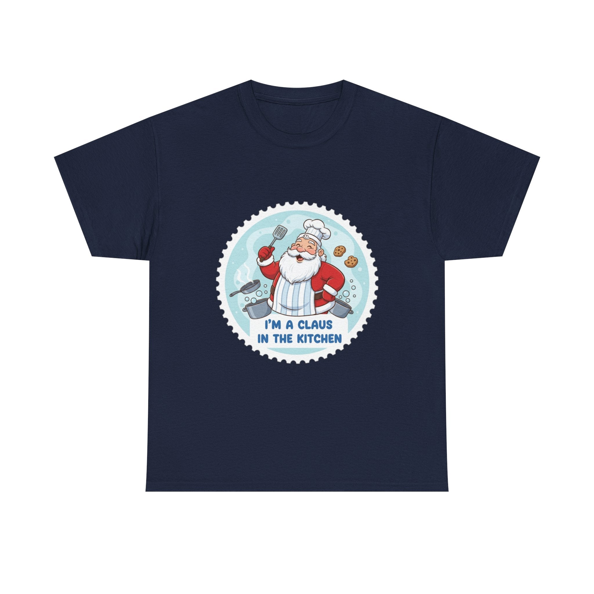 Funny Christmas T-Shirt: "Claus in the Kitchen" Chef Santa Graphic Tee