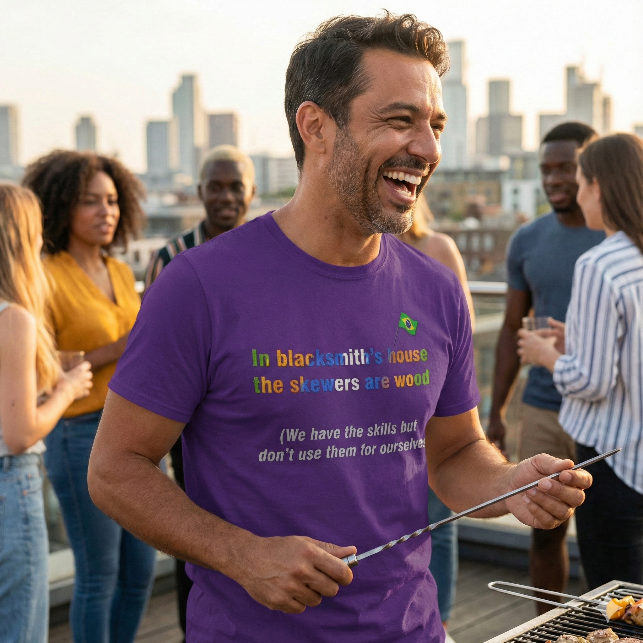 Blacksmith's Wooden Skewers Tee: Casa de Ferreiro, Espeto de Pau | Brazilian Proverb T-Shirt